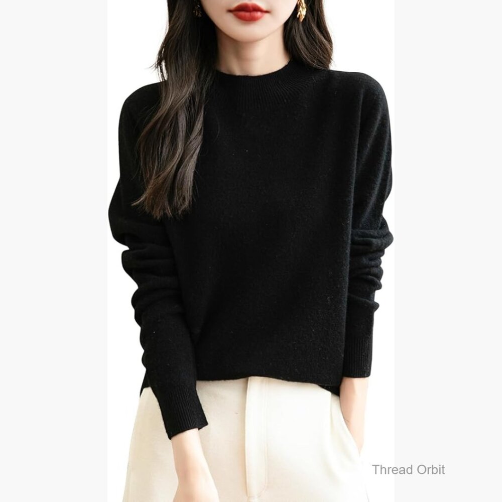 100% Merino Wool Seamless Sweater Mock Neck Long Sleeve Pullover